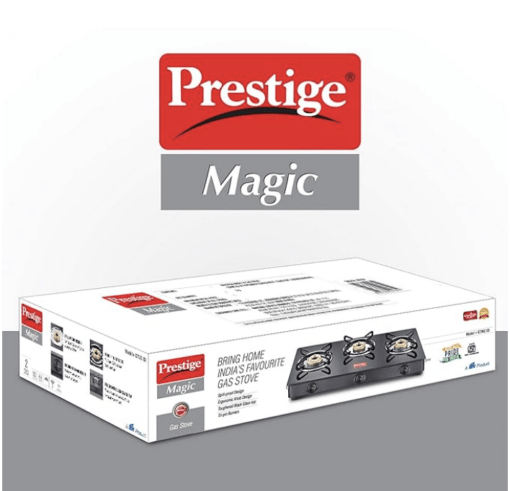 Prestige Magic plus Toughened Glass-Top 3 Brass Burner LPG Gas Stove(GTMP-03) | Black Spill Proof Design | Ergonomic Knob | Tri-Pin Burner - Image 4